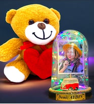 Kişiye Özel Renkli Led Işıklı Fanus ve Kalpli Peluş Ayıcık Hediye Seti (Model 2)
