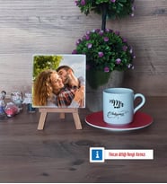 Eşe Hediye Mr Fotoğraflı Dekoratif Taş, Ahşap Altlıklı Türk Kahvesi Fincanı Hediye Yıl Dönümü Hediyesi (Model 3)