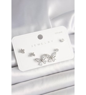 925 Ayar Gümüş Çivi Pirinç Gümüş Renk Zirkon Taşlı Kelebek Model Kadın Küpe Seti - TJ-BKP10394