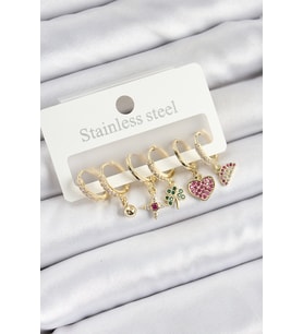 Pirinç Zirkon Taşlı Karpuz Yonca Kalp Pusula Karışık Model Gold Renk 6'lı Set Kadın Küpe (Altın)