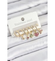 Pirinç Zirkon Taşlı Karpuz Yonca Kalp Pusula Karışık Model Gold Renk 6'lı Set Kadın Küpe (Altın)