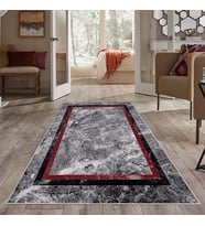 Gri Mermer Bordo Şerit İşleme Yıkanabilir Kaymaz Taban Leke Tutmaz Modern Salon Halısı ve Yolluk