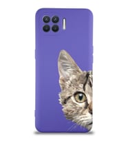 Oppo Reno 4 Lite Uyumlu Lansman Kılıf Catface Tasarımlı İçi Kadife Kapak-Mor (Şeffaf)