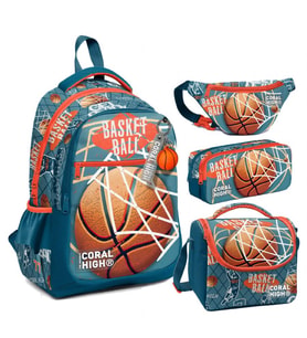 Coral High Nefti Turuncu Basketbol Desenli Erkek Çocuk Okul Beslenme Kalemlik ve Bel Çantası Seti - İlkokul İçin Uygun (Çok Renkli)