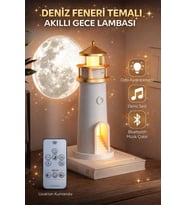 Deniz Feneri Temalı Akıllı Gece Lambası, Bluetooth, Deniz Sesi, Dekoratif (Krem)