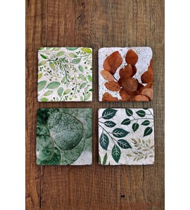 Doğal Taş Bardak Altlığı 4'lü Set - Yaprak Desenleri Bardak Altlığı - Stone Coasters