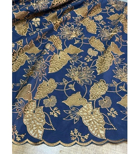 NAKIŞ İŞLEME GÜPÜR OSMANLI TRANSPARAN YAPRAKLI VİSKON KUMAŞ 100X 140 (Lacivert)