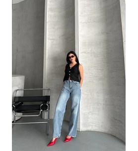 Palazzo straight kar yıkama jeans pantolon mavi d2008