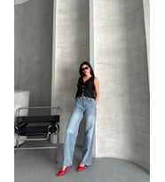 Palazzo straight kar yıkama jeans pantolon mavi d2008