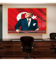 Metal Çerçeveli Yatay Cam Ofis Duvar Tablosu Atatürk Portresi (Gold)
