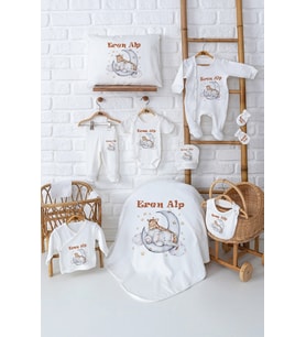 Pia Baby Premium %100 Pamuk Erkek Bebek Hediyesi 11 Parça İsme Özel Doğum Seti 5051-00 (Ekru)