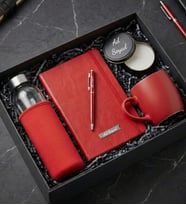 Kişiye Özel Premium Ofis Hediye Seti ( Kılıflı Cam Matara & Defter & Touchpen Kalem & Kupa & Metal Kutulu Mum) (Kırmızı)