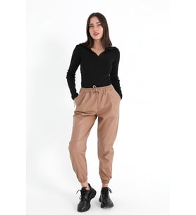 Paçası ve Beli Lastikli Pileli Deri Pantolon - Camel