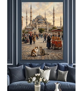 İstanbul Sultanahmet Camii Ve Kediler Dekoratif Kanvas - Mdf Ahşap Tablo