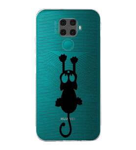 Huawei Mate 30 Lite  Kamera korumalı Kapak Çizgi Kedi (Siyah) Tasarımlı Şeffaf Kılıf