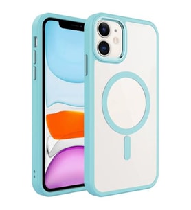 Coverzone iPhone 11 ile uyumlu K?l?f Wireless ?arj �zellikli Metal buton Z-Krom MagSafe ile uyumlu ?effaf Transparan Double Color Silikon Kapak Mavi