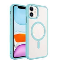 Coverzone iPhone 11 ile uyumlu K?l?f Wireless ?arj �zellikli Metal buton Z-Krom MagSafe ile uyumlu ?effaf Transparan Double Color Silikon Kapak Mavi