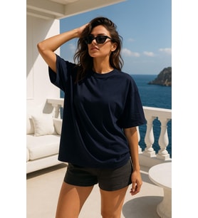 Kadın Lacivert %100 Pamuk Oversize Basic Tişört – Rahat Kalıp Relaxed Bisiklet Yaka T-shirt