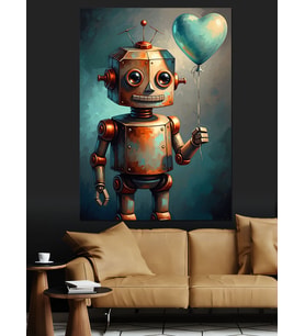 Balon Tutan Paslı Robot Dekoratif Kanvas - Mdf Ahşap Tablo