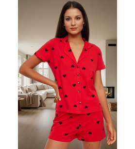 Kısa Kollu Pamuklu Pijama Takımı Kalpli Desenli Regular Kalıp Yazlık Ev Giyim Özenle Seçilmiş (Kırmızı)
