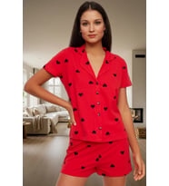 Kısa Kollu Pamuklu Pijama Takımı Kalpli Desenli Regular Kalıp Yazlık Ev Giyim Özenle Seçilmiş (Kırmızı)