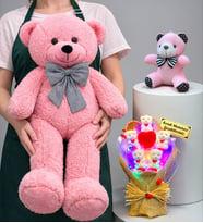 Premium Peluş Ayıcık Seti – Kişiye Özel Yazılı Büyük Boy Pembe Ayıcık & LED Işıklı Buket