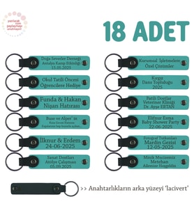 Kamp Arkadaşlarına Anı Olarak, 18'li Set, Kişisel Mesajlı Deri Anahtarlık, Koyu Turkuaz & Lacivert