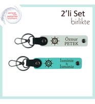Dümeni Sağlam Tutmak İsteyenlere, Kişisel Deri Anahtarlık Takımı, İsim Yazdırılabilir, Beyaz-Turkuaz