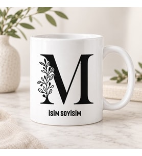 Kişiye Özel Baş Harf ve İsim Yazılı Botanik Yapyak Desenli Seramik Kupa Bardak