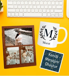 Kişiye Özel Baş Harf İsim Soyisim Beyaz Kupa 3 Fotoğraflı Kolaj Ve Kendi Mesajını Oluştur Kart Seti
