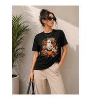 Balkabağı Hayalet Baskılı Tişört Kısa Kol Yazlık T-Shirt - Siyah