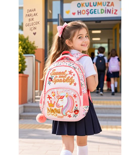 İlkokul Sırt Çantası Sweet Sparkly Unicorn Ortopedik Su Geçirmez 40x30x16cm