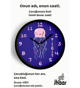İsme Özel Sevimli Denizanası Çocuk Odası Duvar Saati Orta Boy 30 cm Siyah Camlı Sessiz