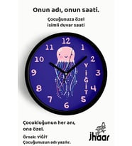 İsme Özel Sevimli Denizanası Çocuk Odası Duvar Saati Orta Boy 30 cm Siyah Camlı Sessiz