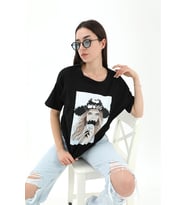 Bisiklet Yaka Kovboy Şapkalı Süprem T-shirt - Siyah