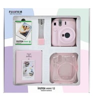 Instax mini 12 Pembe Fotoğraf Makinesi 10'lu Film Simli Pleksi Kılıf PVC Albüm ve Kıskaçlı Resim Standı Bundle Box