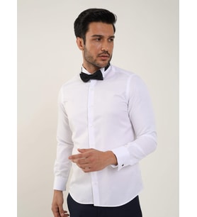 Beyaz Erkek Slim Fit Düz Ata Yaka Uzun Kol Gömlek