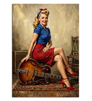 Gitarlı Pin-up Sarışın Kadın Taburede Dekoratif Kanvas - Mdf Ahşap Tablo