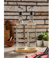 2'li Ahşap Stantlı Damlatmaz Zeytinyağı Sıvıyağ Şişesi Cam Yağdanlık Seti 750ml
