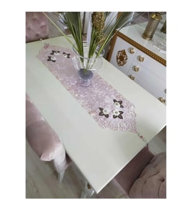 Mina Kadife Kumaş Lazer Kesim Çiçek Süslemeli Pudra/Krem Runner 40*140 cm - 719 (Standart)