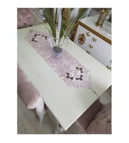 Mina Kadife Kumaş Lazer Kesim Çiçek Süslemeli Pudra/Krem Runner 40*140 cm - 719 (Standart)
