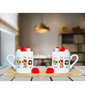 Power Puff Girls Tasarımlı Çift Ahşap Tabaklı Kişiye Özel Türk Kahvesi Fincanı Seti