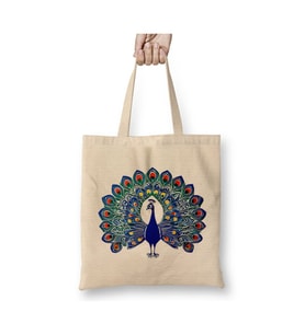 Tavus Kuşu Peacock Art 02 Beyaz Bez Çanta Uzun Saplı Alışveriş Çantası Plaj Çantası