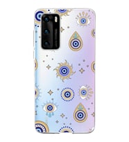 PrintiFy Huawei P40 ile Uyumlu 1mm Slim Fit Nazar Boncuğu 5 Baskılı Şeffaf  Kılıf
