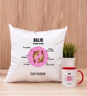 Kişiye Özel Balık Burcuna Hediye Kare Yastık ve Kırmızı Kupa