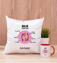 Kişiye Özel Balık Burcuna Hediye Kare Yastık ve Kırmızı Kupa