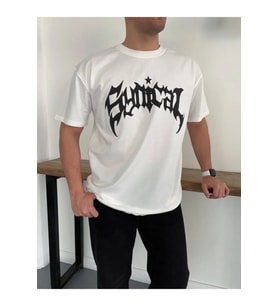 Erkek Bisiklet Yaka Ön Baskılı Kısa Kollu Tişört Streetwear Günlük Basic Pamuklu T-shirt - Beyaz