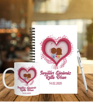 Sevgililer Gününe Özel Ahşap Defter Kalem & Kupa Hediye Seti 33