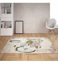 Bisiklet Çiçek Desenli Çerçeveli Dijital Baskı Yıkanabilir Kaymaz Taban Vintage Salon Halısı (Bej)