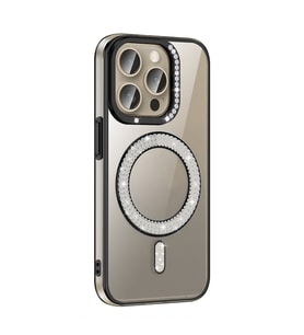 Apple iPhone 15 Pro Uyumlu Kılıf Pırlanta Taş Tasarımlı M-safe Şarj Özellikli Zore Karetta Silikon Kapak (Siyah)